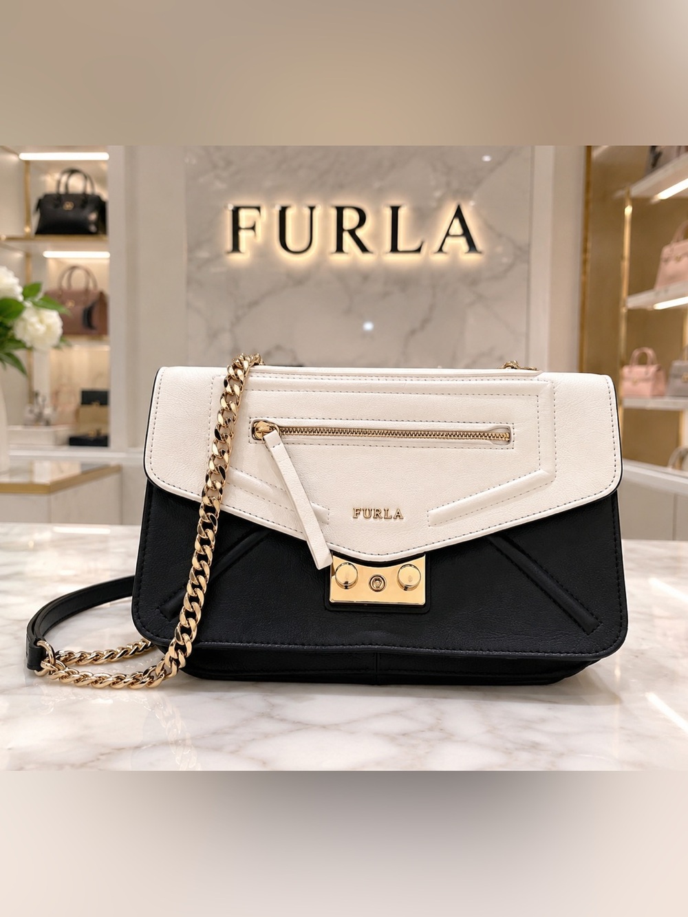 FURLA Alice Two-Tone Leather Shoulder Bag Black & Ivory Leather w Gold Chain